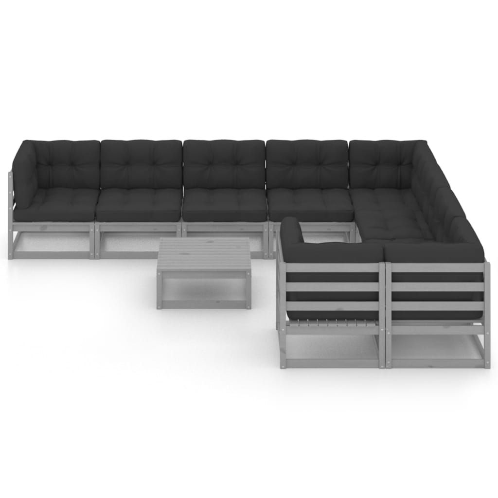 10-tlg. Garten-Lounge-Set mit Kissen Grau Kiefer Massivholz